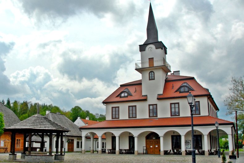 The town hall on the market square of a small town, on the cobblestone square