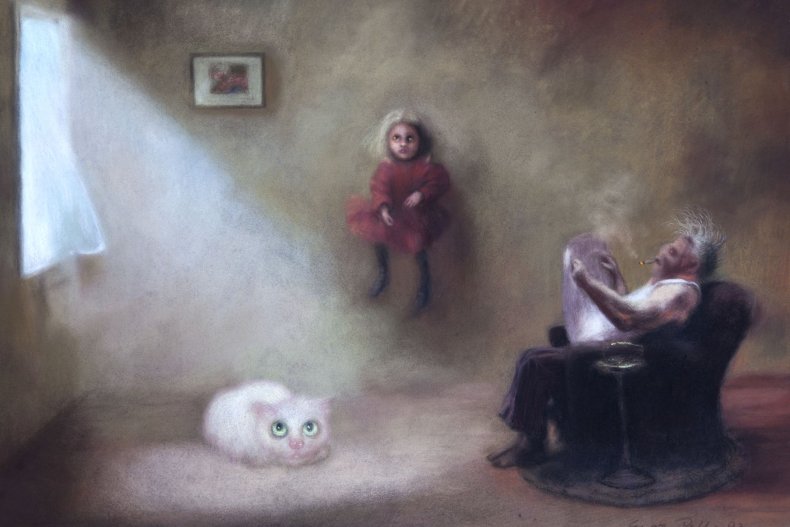 Obraz. Mroczny pokój, w nim mężczyzna na fotelu, kot, dziewczynka na krześle wisi na ścianie
