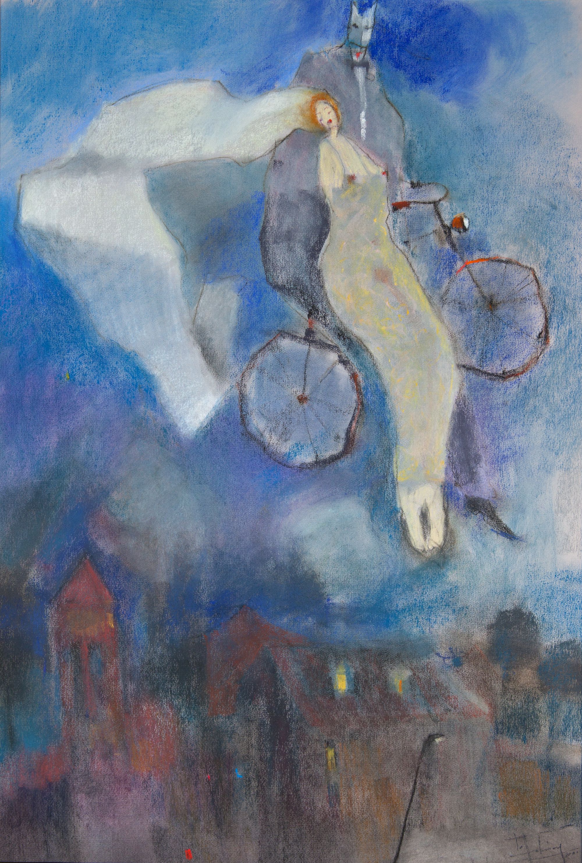 Obraz abstrakcyjny - mężczyzna i kobieta na rowerze na niebie