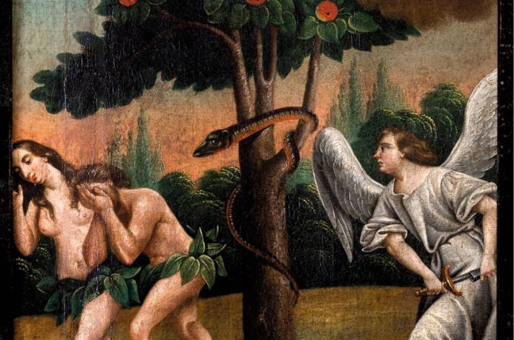 anioł wygania z raju Adama i Ewę - obraz olejny
