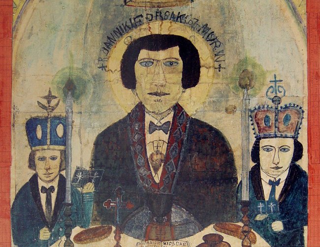 Akwarela. Trzech mężczyzn z koronami na głowach siedzi przy stole