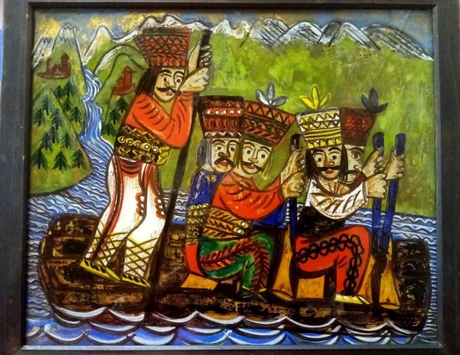 Picture painted on glass "Bobbers on the Dunajec"